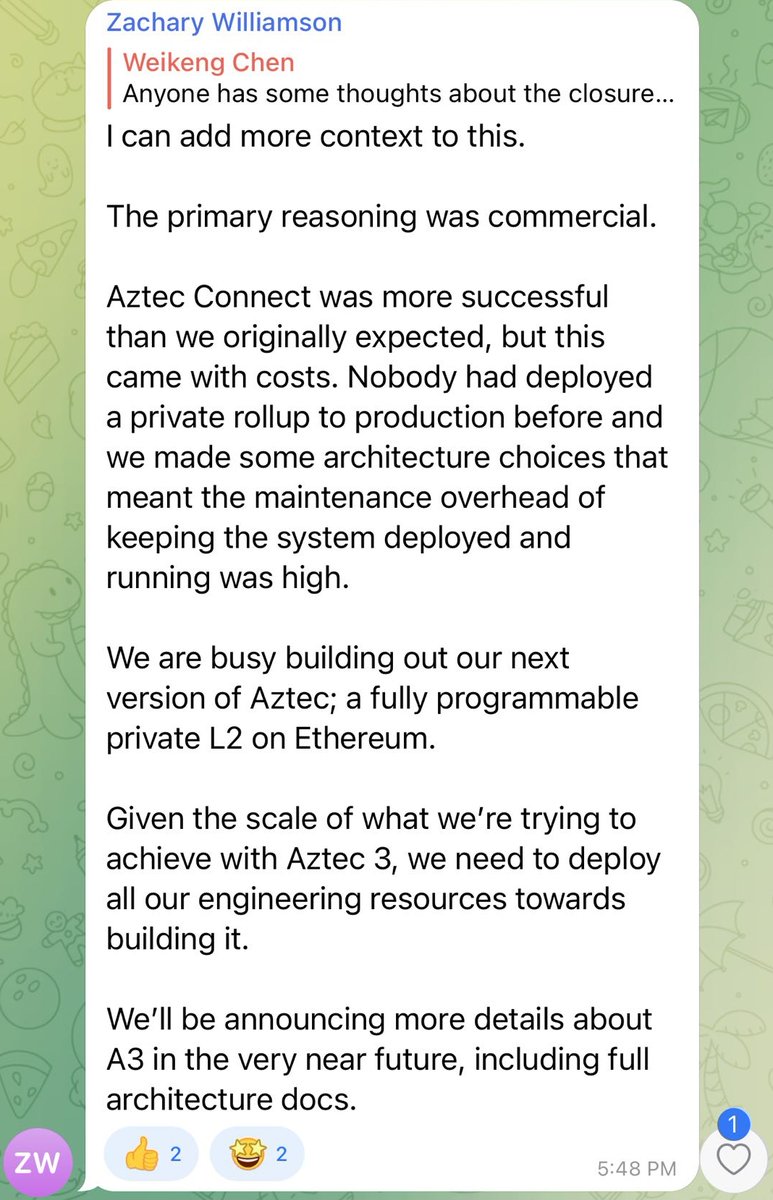 ola_zkzkvm's tweet photo. The sunset of #AztecConnect is not a surprise. According to @Zac_Aztec, CEO of Aztec, the primary reason was unexpected costs. The team is now building a programmable private L2 on Ethereum.
Bottom line:
Programmable privacy is the next phase for #Ethereum and #blockchain. https://t.co/aDt4yMdDsz