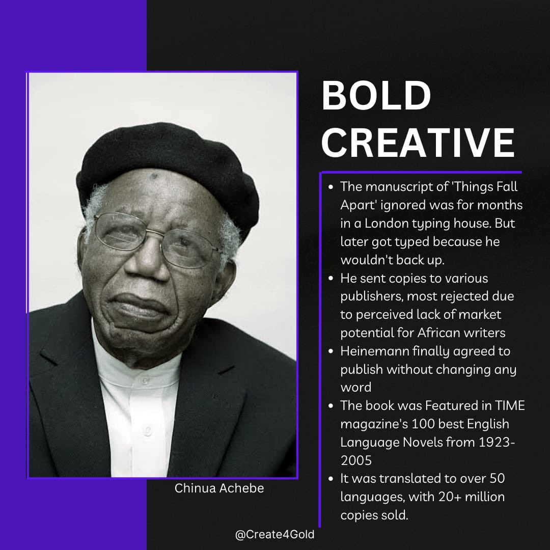 Createforgold's tweet photo. GET INSPIRED!
Never give up!
Be inspired by #chinuaachebe’s story. His manuscript that was ignored for months eventually ranked as one of the greatest books ever written in a list by Encyclopedia in 2018.
#getinspired #boldcreative #chinuaachebe #create4gold https://t.co/3HUYmqy1lW