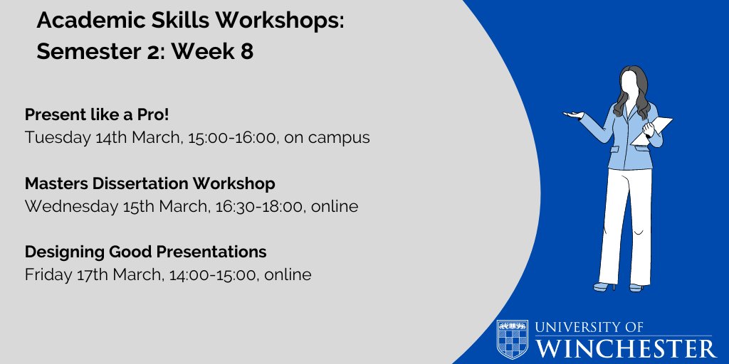 Presentations and dissertations are the focus of this week's workshops. For more information and to book a place, please go to the Student Academic Support intranet page: 'Workshops and Resources'. We hope to see you in a workshop soon!
