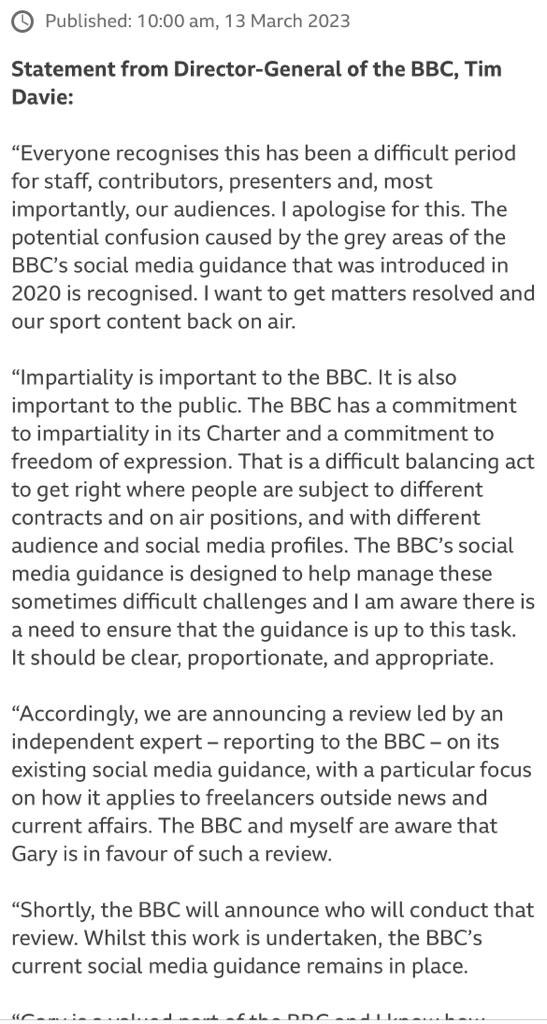 SangitaMyska's tweet photo. BREAKING: Gary Lineker suspension lifted.  Statement is peak BBC fudge. Tim Davie admits social media rules on impartiality are not clear, not uniformly applied and that the Match of the Day suspension was disproportionate. https://t.co/8d5VHvkJ9w