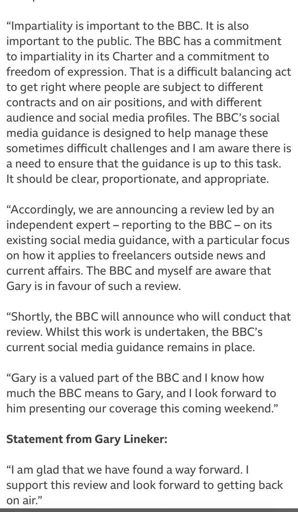 SangitaMyska's tweet photo. BREAKING: Gary Lineker suspension lifted.  Statement is peak BBC fudge. Tim Davie admits social media rules on impartiality are not clear, not uniformly applied and that the Match of the Day suspension was disproportionate. https://t.co/8d5VHvkJ9w
