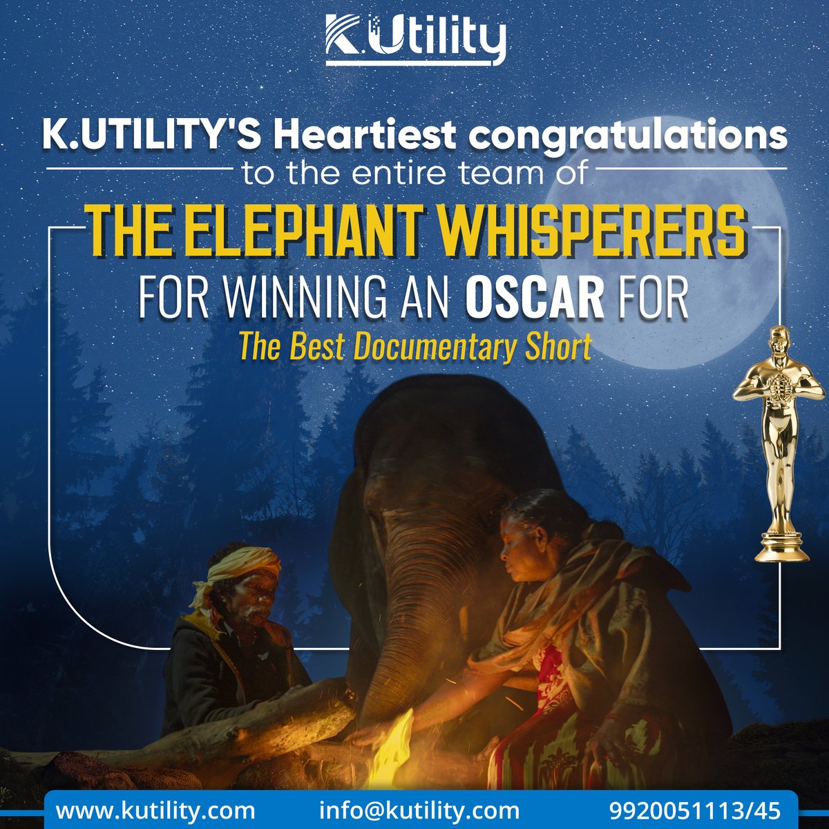 kutility2017's tweet photo. Proud Moment for Indian Cinema!

K.Utility's team congratulates the whole team of ''Elephant Whisperers'' for winning the Best Documentary Shortfilm at the Oscars.

#kutility
#elephantwhisperers #elephantwhispers #oscars #oscars95 #oscar2023 #digitalmarketing #MarketingDigital https://t.co/cYHHEDLLho