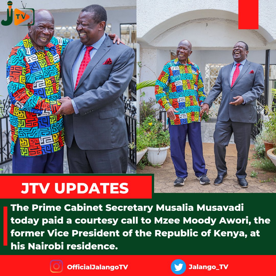#JTVUpdates : The Prime Cabinet Secretary Musalia Musavadi today paid a courtesy call to Mzee Moody Awori, the former Vice President of the Republic of Kenya, at his Nairobi residence.
#JalangoTV