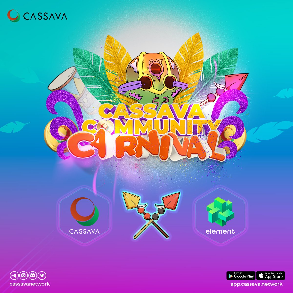 🎉We are honored to become the Cassava V3 early partners and join the Cassava Community Carnival!

<a href="/CassavaNetwork/">CassavaNetwork</a> is building Africa’s Web3 platform focused on entertainment, NFTs, gaming and loyalty rewards.

🎁 $1,000 USDT &amp; 100,000 CB Coins &amp; 1,000 $ELE