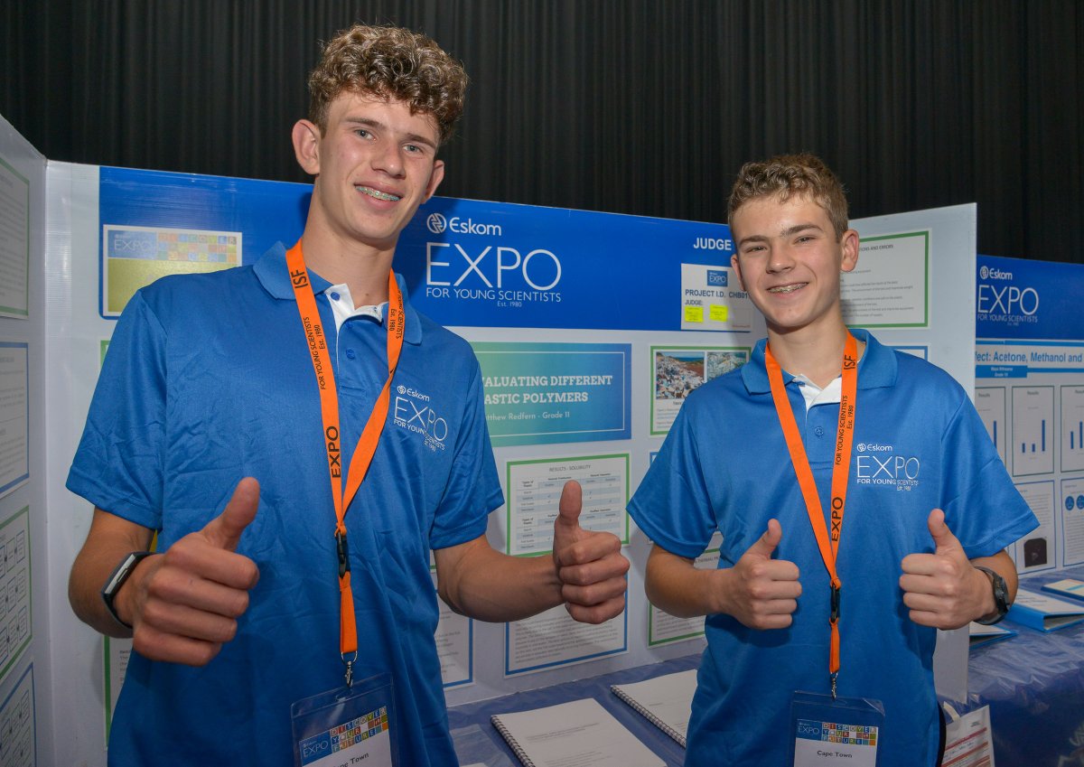 Exposcience's tweet photo. #DiscoverEskomExpo Congratulations to Joseph Gibbon and Matthew Redfern, Grade 12 learners at Pinelands High School in the Western Cape, who have won an opportunity to participate in the International Festival of Engineering Science and Technology in Tunisia #IFEST2 https://t.co/wtFCqrrLul