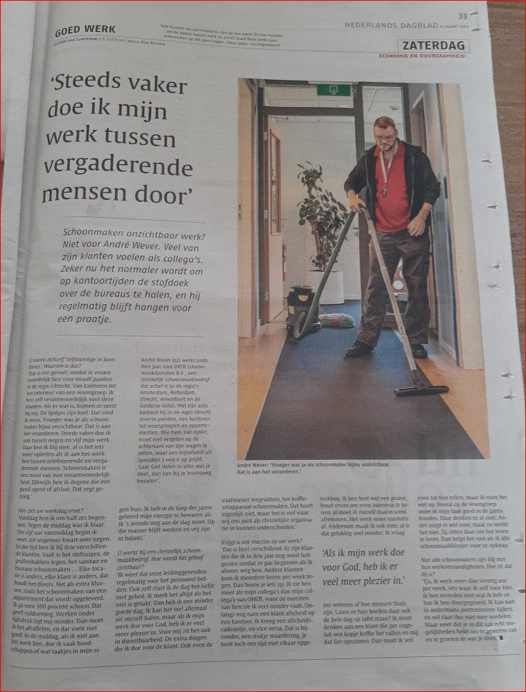 Collega André met een leuk artikel in het Nederlands Dagblad afgelopen week. #schoonmakenisvakwerk