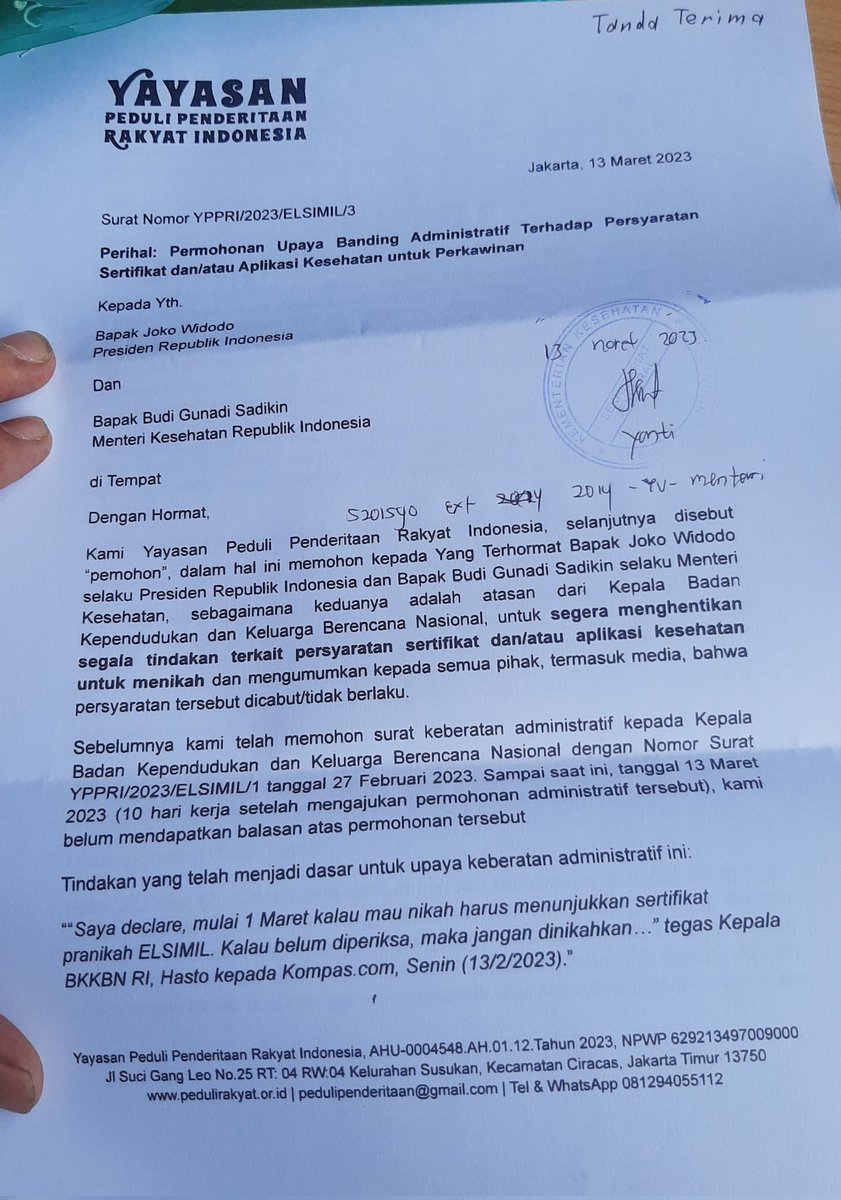 TedInvestigasi's tweet photo. Tadi siang diajukan: Surat keberatan administratif soal KTP digital kepada Mendagri dan soal Elsimil kepada Menkes dan Presiden. Inilah langkah terakhir sebelum gugatan, mereka wajib menjawab dan/atau mengabulkan permohonan. Kalau tidak dikabulkan, YPPRI akan mengajukan gugatan. https://t.co/WMNHnOd38t