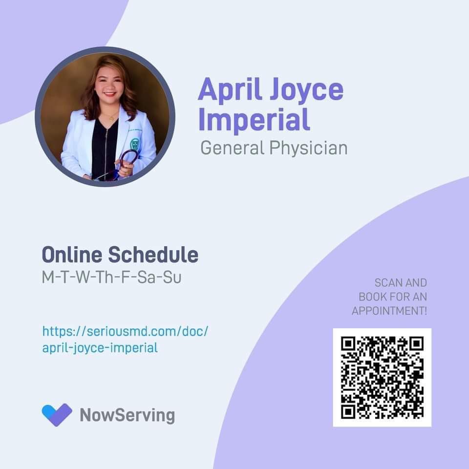 _japchaee's tweet photo. Book an appointment with Dr. April Joyce Imperial! Open from 8 am to 9:30 p.m every day!
Respectable and very approachable physician, will accept patients of all ages :D
#SeriousMd #Telemed #OnlineConsultation https://t.co/6Z2tJdmto6