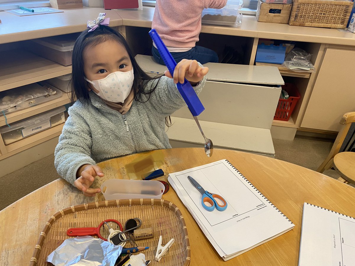 NIS_ELC's tweet photo. During their investigation into the invisible force of magnetism, kindergarteners noticed today that while one spoon stuck solidly to the magnet, another spoon didn’t. “WHAT? But why?” #NISinquire #NISinspire #TheMagicOfScience #InvisibleForces #KinderScientists https://t.co/9yBK0aoQaQ