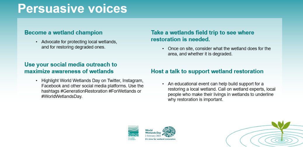 🤔 Thinking of ways to encourage those around you to help restore #wetlands around the world? Here are a few ideas...  🏙️🏘️🛖🏕️🌎🌿💧 #PersuasiveVoices

More info: bit.ly/2FmoxgF

#GenerationRestoration
#ForWetlands
