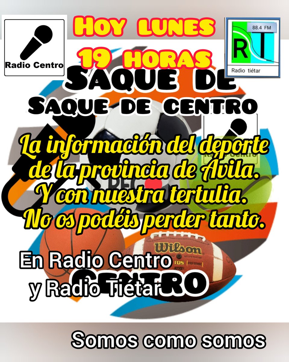 📆 HOY LUNES
🕖 19 HORAS
🏀⚽SAQUE DE CENTRO🏃‍♀️
Información del deporte de la provincia de Ávila. Hoy hablaremos del derbi en el fútbol femenino, provincial, regional y más 

💻radiocentroav.radio12345.com

radiocentroav.radiostream321.com

radiocentroav.radio12345.com

radiocentroav.radiostream123.com