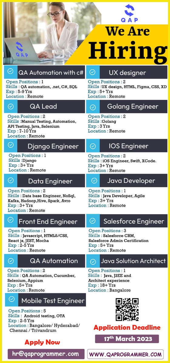QaProgrammer's tweet image. #JavaSolutionArchitect #MobileTestEngineer #Django #GolangEngineer #IOSEngineer #qa #JavaDeveloper #SalesforceEngineer #php #manualtesting #DataEngineer #OracleBRMDeveloper #OracleBRMMigration #OracleBRMQA #PerformanceTesting #FullStackDeveloper #process #hiring #share
