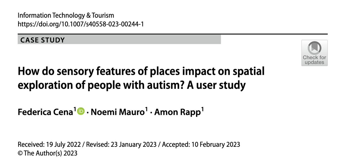 This new study discusses the use of a mobile app to share sensory features of places and how this this impacts on spatial exploration for #Autistic individuals

#SensoryFriendly #InclusiveTourism

rdcu.be/c64W7