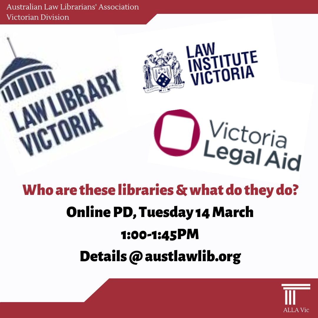 Who are they? Who, who, who, who?🦉
A panel presentation. Three specialist #LawLibraries in Victoria. Outlining their organisations, audiences, &amp; the different services they provide to librarians, #LegalProfession, students, and the public.
<a href="/VicLegalAid/">Victoria Legal Aid</a> <a href="/LawLibraryVic/">Law Library Victoria</a> <a href="/yourLIV/">Law Institute of Victoria</a>
