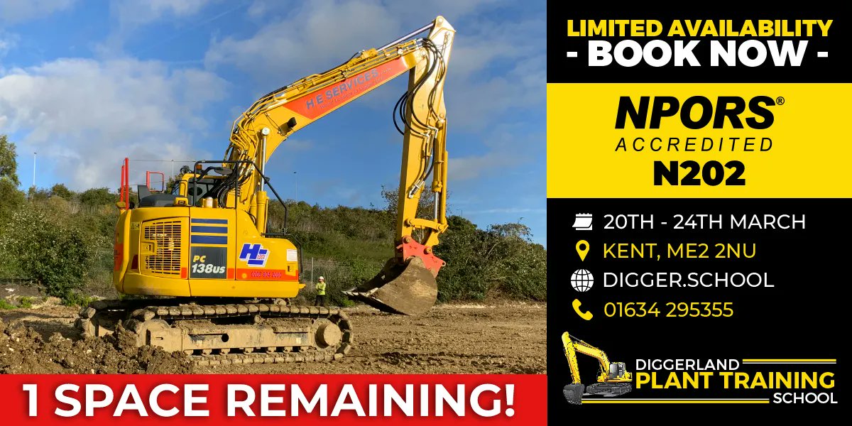 We only have one space remaining on our NPORS N202 Excavator 360 course, running from 20th - 24th March. Get in touch to book: buff.ly/3SvxPsl 
#kent #groundworks #construction #excavatortraining