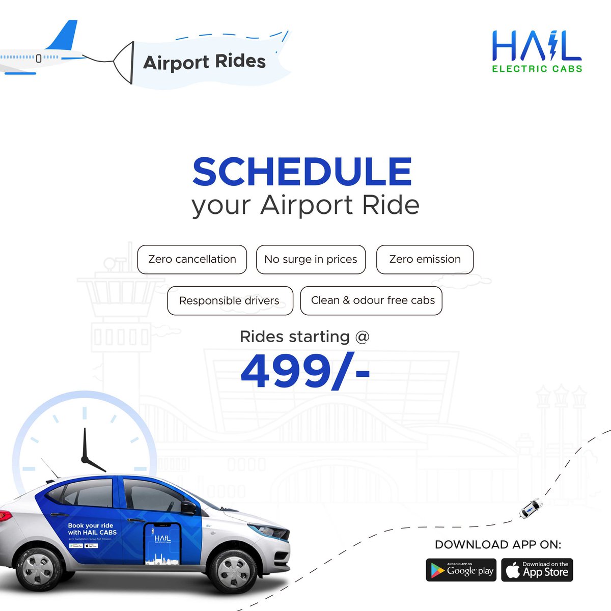 Schedule your ride now for just 
Rs. 499/-
Offer valid till 31st March. 

#HailCabs #ElectricVehicles #AirportRides #Airport #Hyderabad
