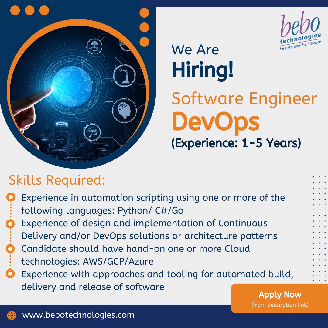 bebotechchd's tweet photo. Join bebo Technologies and work with a team of expert software development and QA engineers, and have a healthy balance between your professional and social life.
Apply Here: https://t.co/SD3D7PVR69
#devops #devopsengineer #devopsjobs #devopshiring #bebotechnologies https://t.co/Fy1PPjUDzQ