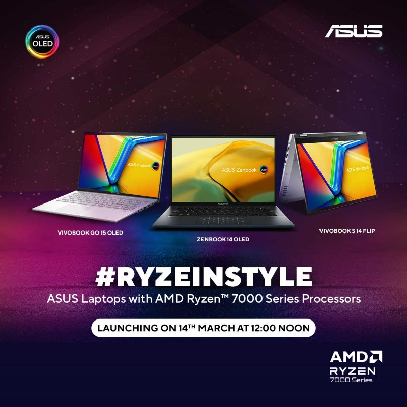 ASUSIndia's tweet photo. Few hours until you #RyzeInStyle with the latest ASUS laptops powered by AMD Ryzen™ 7000 Processor, Launching on 14th March 2023 at 12 Noon
#ASUS #ASUSIndia #ASUSOLED #Zenbook #Vivobook #RyzeInStyle #AMD #Ryzen #TogetherWeAdvance