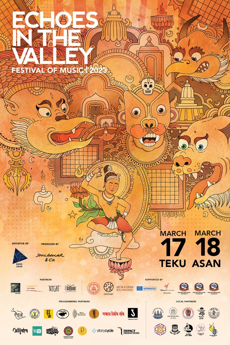 echovalleyfest's tweet photo. Echoes in the Valley is here! TWO days, TWO venues. Teku &amp; Asan.

Live performances, kids'' corners, exhibitions, food stalls, FREE entry!

https://t.co/tHZCyee7wy for the program schedule.

Illustration by Suman Maharjan.

#eitv2023 #musicfestival https://t.co/fTwUgxhdVg