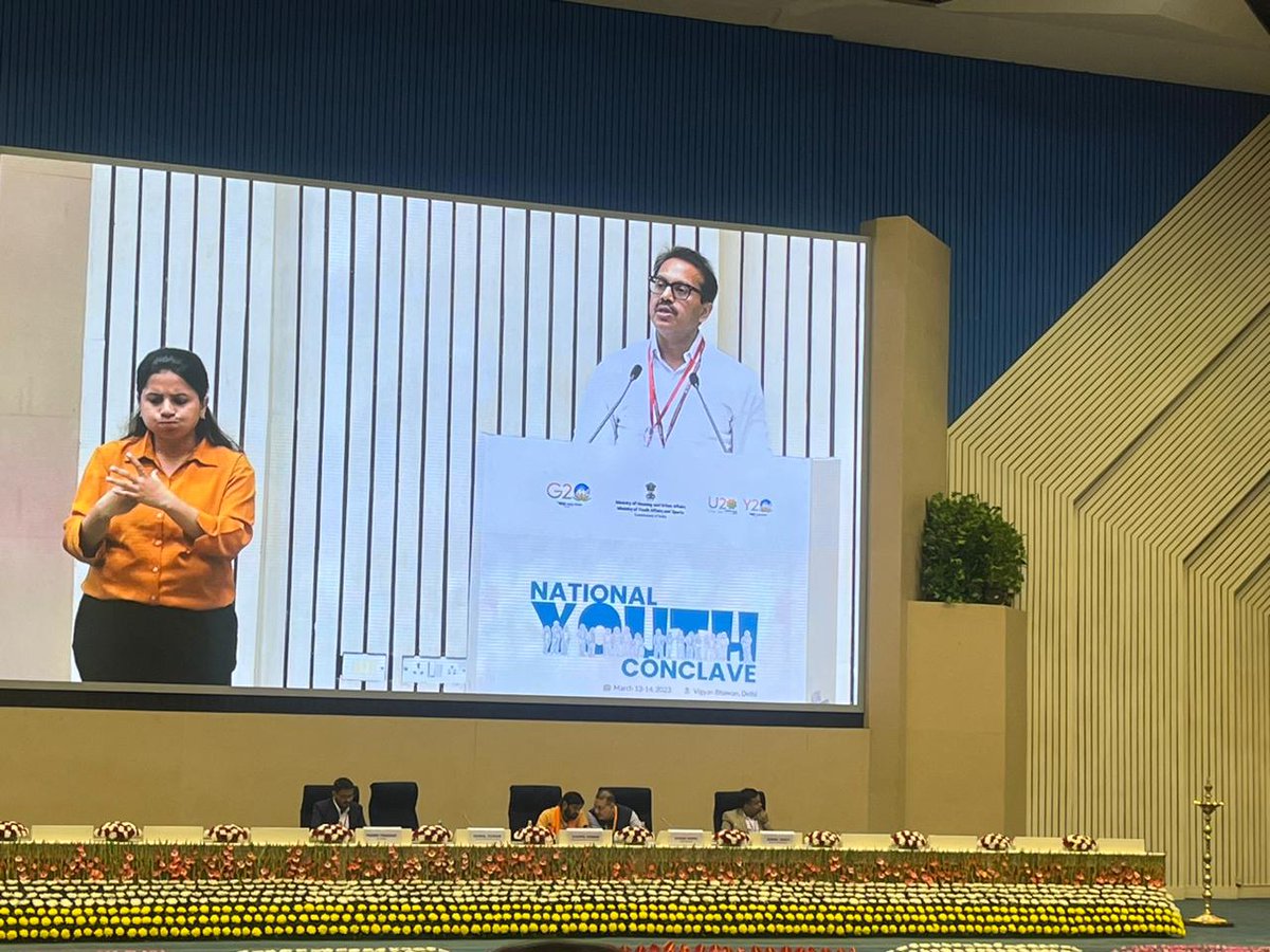 IndiaY20's tweet photo. The world is watching out for the power of India’s Youth. They will help achieve the goal of #Amritkaal, peace, well-being &amp; prosperity of all. Our future depends on youth' -  @JSecretary_SCM 

#NationalYouthConclave23 #Youth4Change #U20Y20India  #G20India 

@YASMinistry @g20org https://t.co/P6pTwbe7xP
