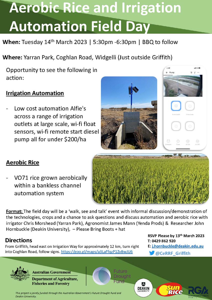 Aerobic Rice & Irrigation Automation Field Day. 5:30pm Tuesday 14 March 2023. Yarran Park, Coghlan Rd Widgelli goo.gl/maps/a3LaFfqzP… Bring your hat & boots. 🎩🥾 Contact John for more info & to RSVP 0429 862 920 / j.hornbuckle@deakin.edu.au @CeRRF_Griffith