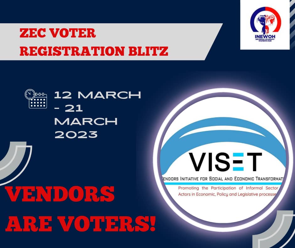 visetinfo's tweet photo. Informal economy activity accounts for over 80 percent of jobs in Zimbabwe and hence we urge all players in the sector to take the opportunity of the ongoing blitz #RegisterToVoteZW #V3C #VendorsAreVoters @ZECzim @bvtatrust @zcieazim @ndielections @memorykadau  @IRI_Africa https://t.co/o7w5HFaJpz