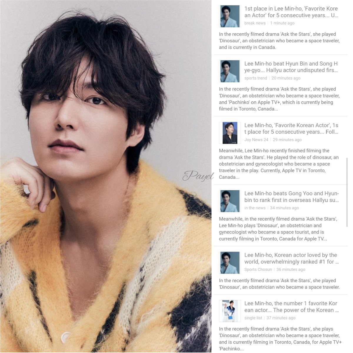 Good Morning with beautiful headlines of KMedia articles 😁
#LEEMINHO 
"Favourite Korean Actor for 5 consecutive years" 😘
"Undisputed 1st place" 
"Loved by the World" 🌎💙

Lee Min Ho is indeed the #HallyuKing 👑 

ꜱʀᴄ linkmix.co/15352282

#이민호 #MINOZ #미노즈