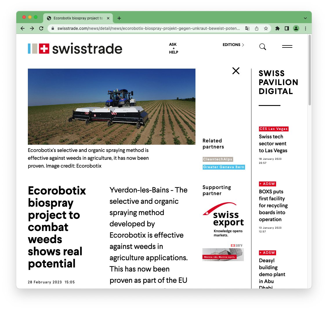 ecorobotix's tweet photo. Swisstrade, the news portal of @swissexport, has reported about our recent advance with biocontrol product in the Biospray project, backed by @agROBOfood. Read the story here 👇
https://t.co/XJKqnIAPuX
#agtech #LessHerbicide #SwissPrecision https://t.co/YKerISBEXA