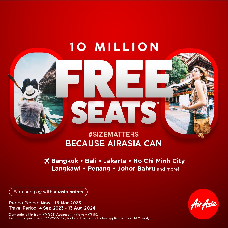 AirAsia FREE Seats Sale 10,000,000 seats available