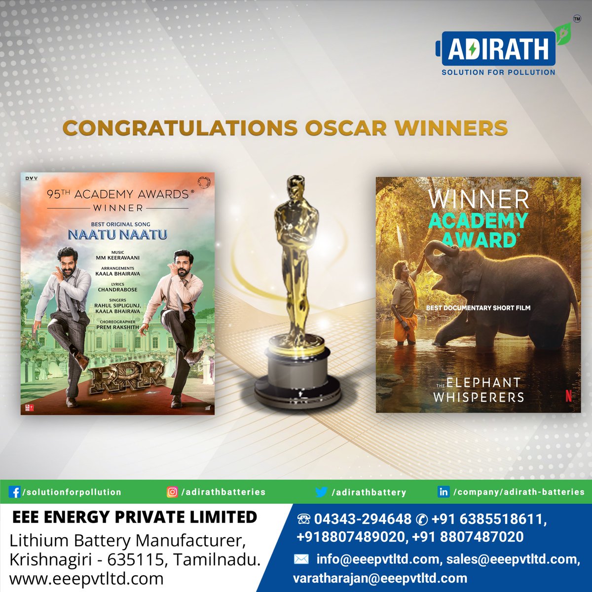 Adirathbattery's tweet photo. Congratulations India on winning the #Oscars to the team of Best Documentary Short Film #TheElephantWhisperers &amp; Team #RRRMovie for Best Original Song #NaatuNaatu.

#Adirath #Oscars95 #AcademyAwards #SSRajamouli https://t.co/z8RUgorOlG