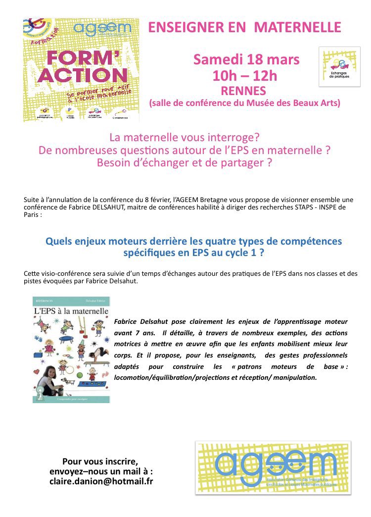 AGEEM_National's tweet photo. Le nouveau Rdv #formaction #ageem c’est à Rennes samedi 18mars:  visio @DelsahutFabrice -les enjeux moteurs pour l’école maternelle #eps #planmaternelle https://t.co/YVMVcYGzr1