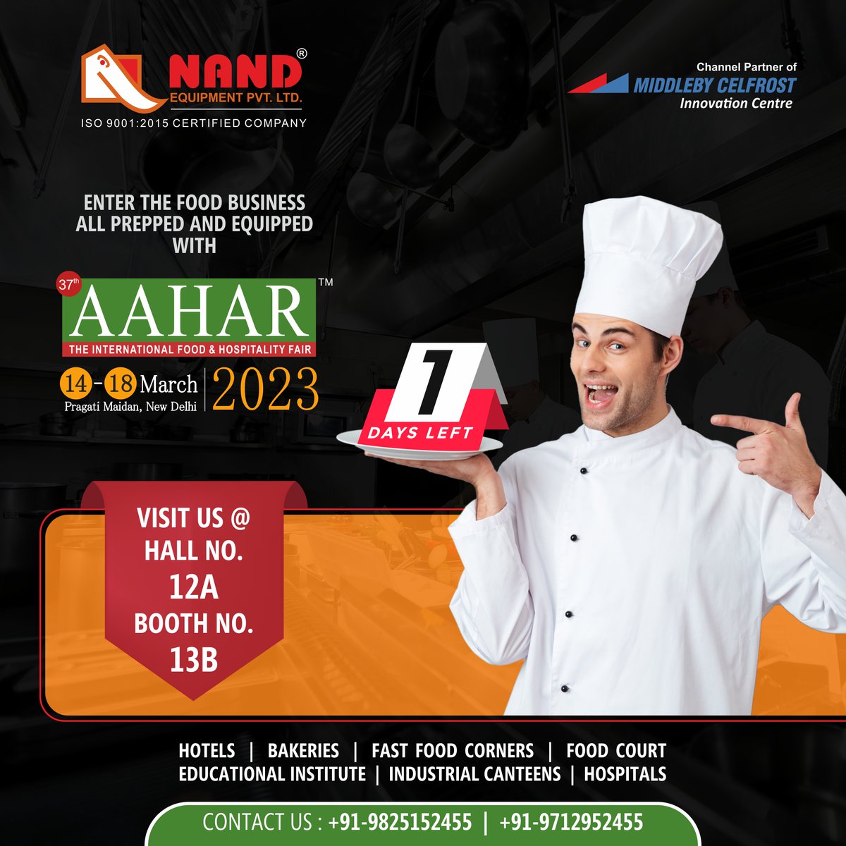 NandEquipment's tweet photo. 𝟏 𝐃𝐀𝐘𝐒 𝐓𝐎 𝐆𝐎 

Visit us at AAHAR-2023 and witness 100% MADE IN INDIA.

Date: 14 March to 18 March 2023
Hall No. 12A - Booth No. 13B
Venue : Pragati Maidan, New Delhi.

#exhibition #aahar2023 #aaharexhibition #fair #cateringequipment 

https://t.co/DIEfFuArkx https://t.co/bYe1sQPbrz