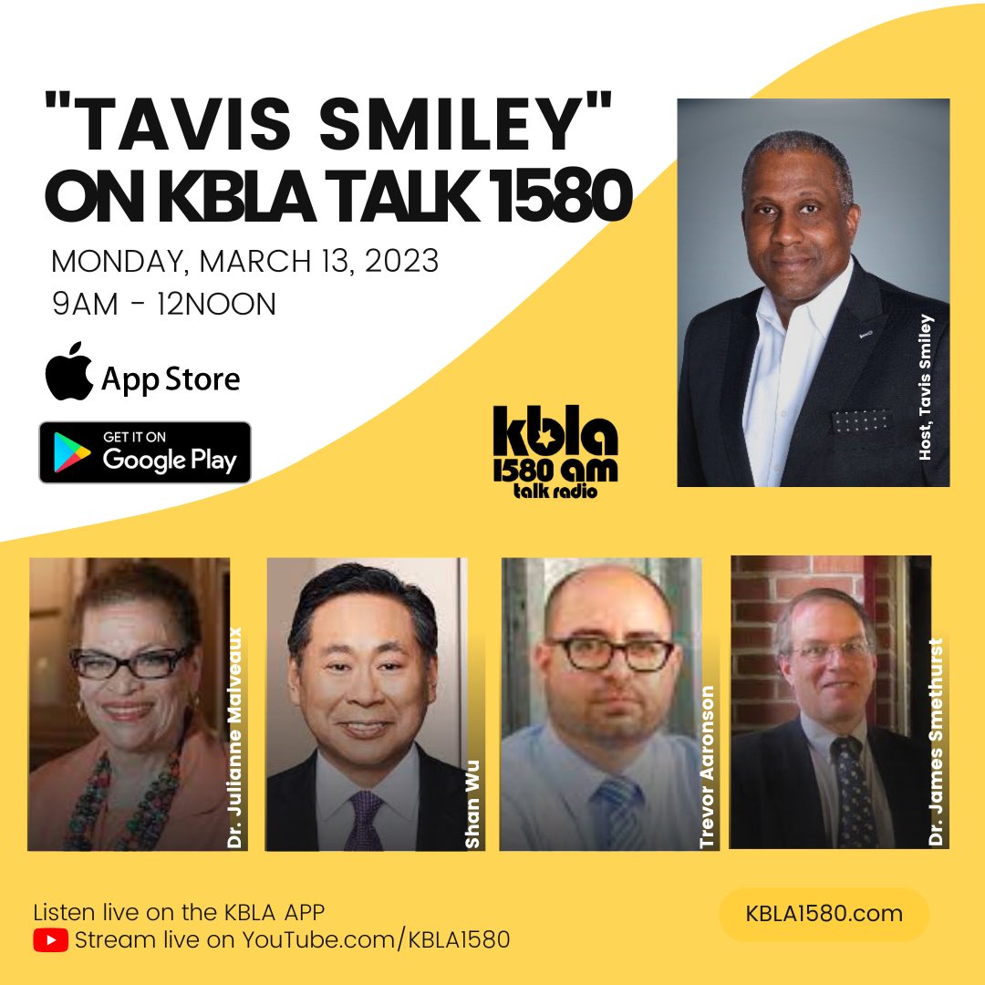 tavissmiley's tweet image. “TAVIS SMILEY" FOR MONDAY, MARCH 13TH, 2023:

Dr. Julianne Malveaux (Hour 1)
Shan Wu (Hour 1)
Trevor Aaronson (Hour 2)
 Dr. James Smethurst (Hour 3)

@kbla1580