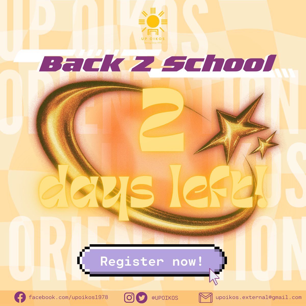 UPOIKOS's tweet photo. 2 DAYS LEFT!!

“Hey, you guys! Happy hour is from 7 to 9!”

Come sit with us! This coming Wednesday, we’re going to regal you with something fetching. Mark your calendars for UP OIKOS is going to have our Back2School Orientation at the Jollibee Vega Center! https://t.co/VO02mqMyn1