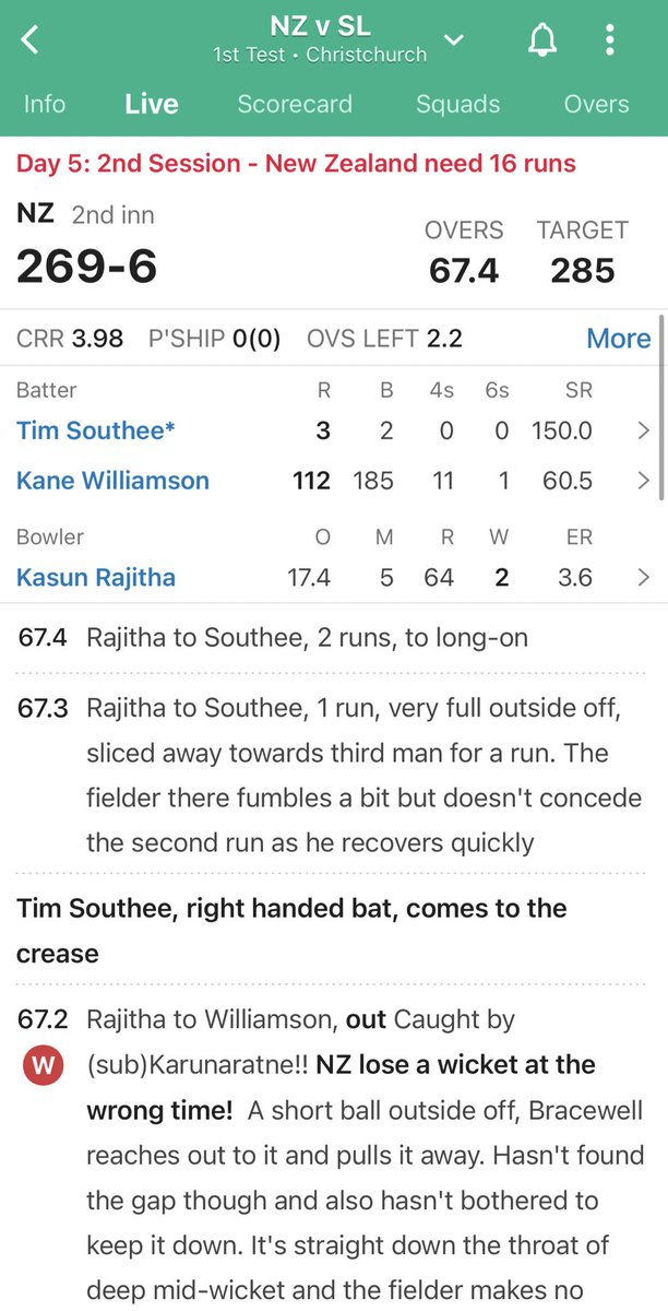 AnandaBPandit's tweet photo. Williamson is still batting. Live score and commentary needs some fixing today @cricbuzz 🤷🏽‍♂️ #NZvsSL #SLvsNZ https://t.co/1NBTdTFAMf