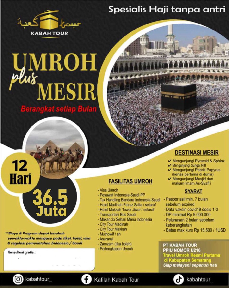 UMROH plus MESIR berangkat setiap bulan “Spesialis Haji tanpa antri” #Kabah_tour #kabah #berkahselalu