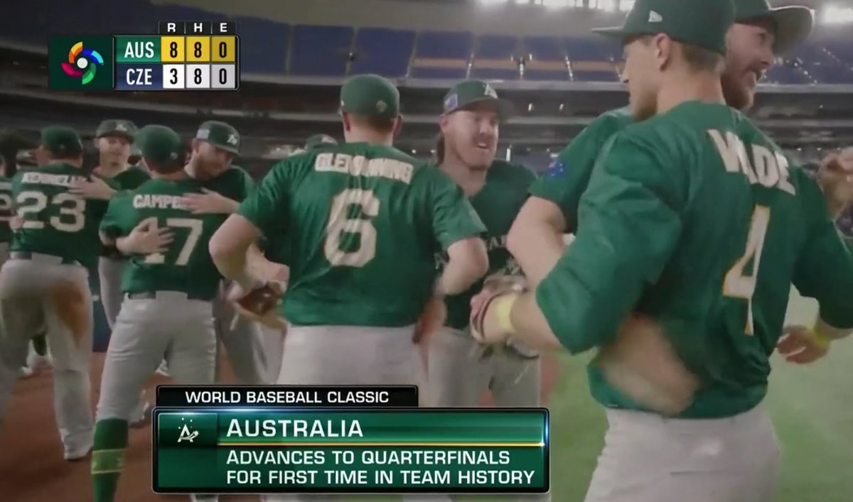 sportsbetcomau's tweet photo. Yeah we can play a little baseball too 😉 ... Aussies into the quarterfinals of the #WorldBaseballClassic https://t.co/lrEkQXVQbO