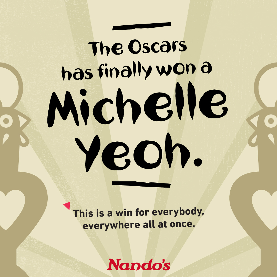 NandosMY's tweet photo. One small trophy. One giant landmark for inclusivity, tenacity, and history as the first Asian to win Best Actress. That’s Malaysia Boleh. 
#DoingItLikeATanSri #MichelleYeoh #Oscars2023 https://t.co/WdCMBgzgpf