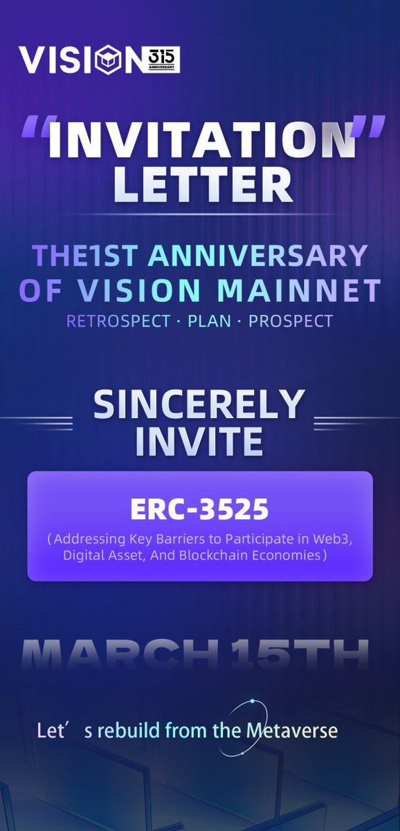 Vision_Chain's tweet photo. @SolvProtocol ERC-3525 is a general-purpose &amp; omni-asset token that combines an ERC-20 token with features of an ERC-721 (NFT).

Vision will be the first public chain to implement erc3525 protocol. We officially invite erc-3525 protocol team participate our 1st anniversary https://t.co/tLZsPjpoa7