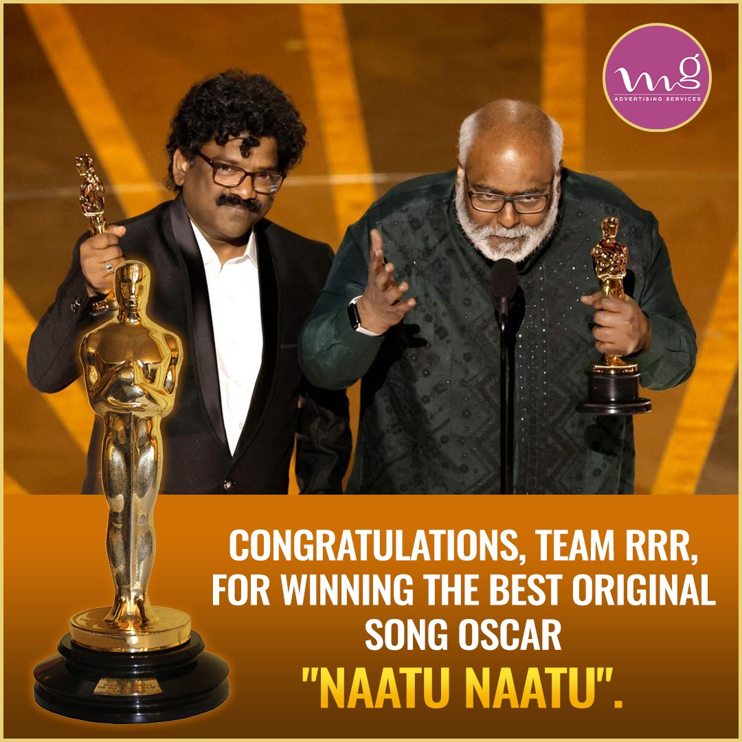 mgAdvertising3's tweet photo. We, MG Advertising Services join millions of Indians in rejoicing at the great news of #NaatuNaatu from #RRRMovie winning the #Oscar for Best Original Song. 

Thank you bringing so much joy and happiness to India. 

Many Congratulations to the entire team of 
@RRRMovie
 ! https://t.co/QV79YTCfVw