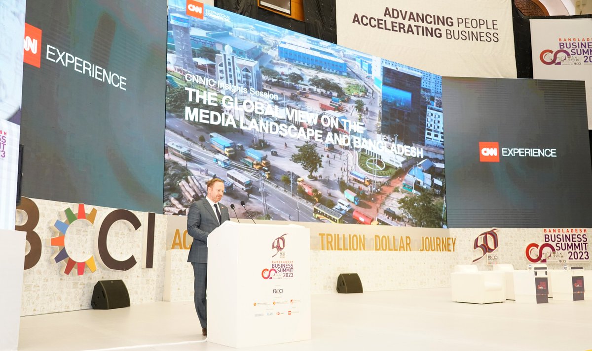 cnnasiapr's tweet photo. Speaking at @bdbizsummit2023, CNNIC's @tini_sevak and @RobBradley_CNN delivered a keynote presentation and shared their insights on the media landscape globally, and in Bangladesh. https://t.co/guOKOdfx5b