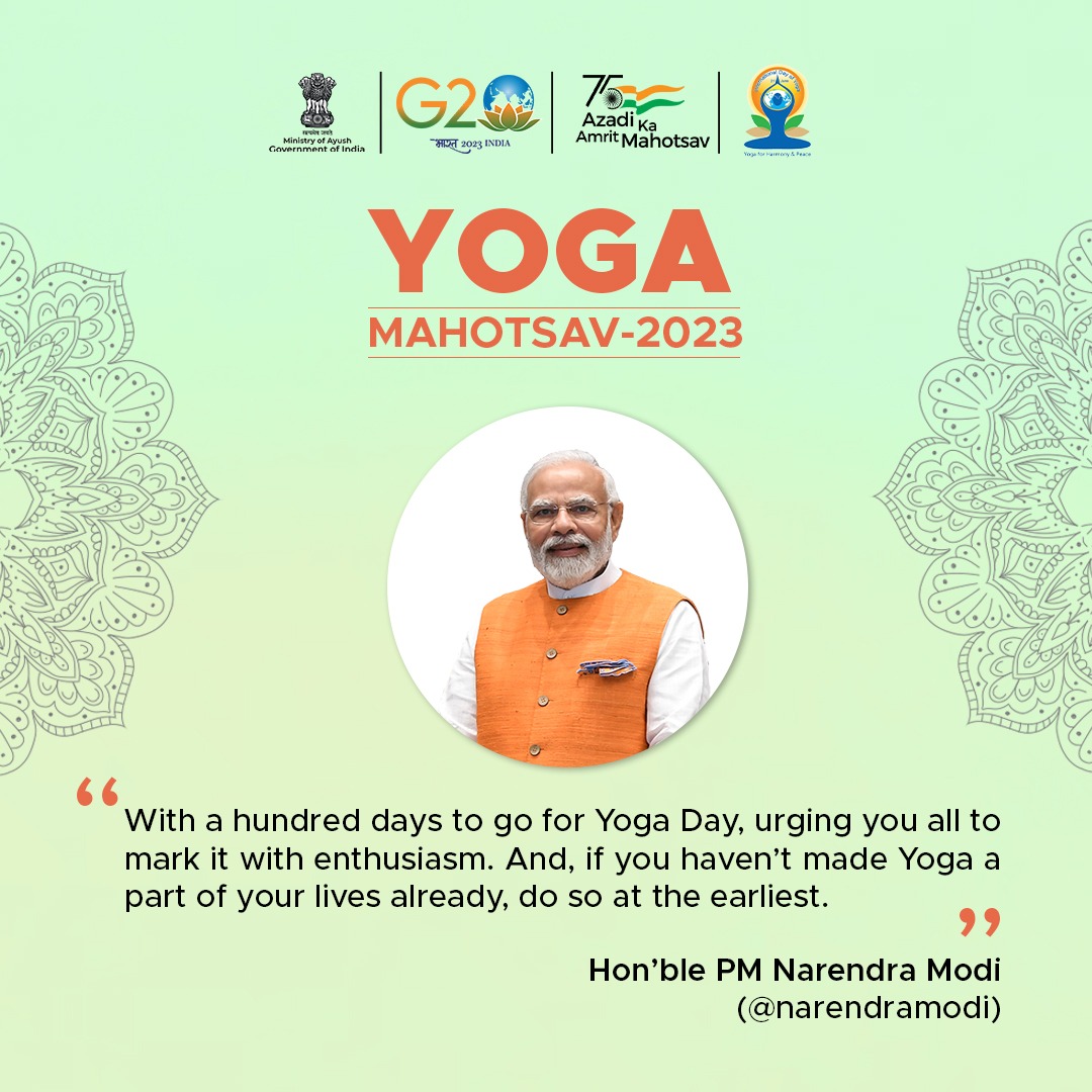 moayush's tweet photo. On the occasion of #YogaMahotsav2023 inaugural today to commemorate the 100 days countdown to the #InternationalDayofYoga2023, Hon’ble Prime Minister Narendra Modi urges all to mark this event with enthusiasm and make yoga part of our daily lives.

 #IDY2023 https://t.co/ayimtynumP
