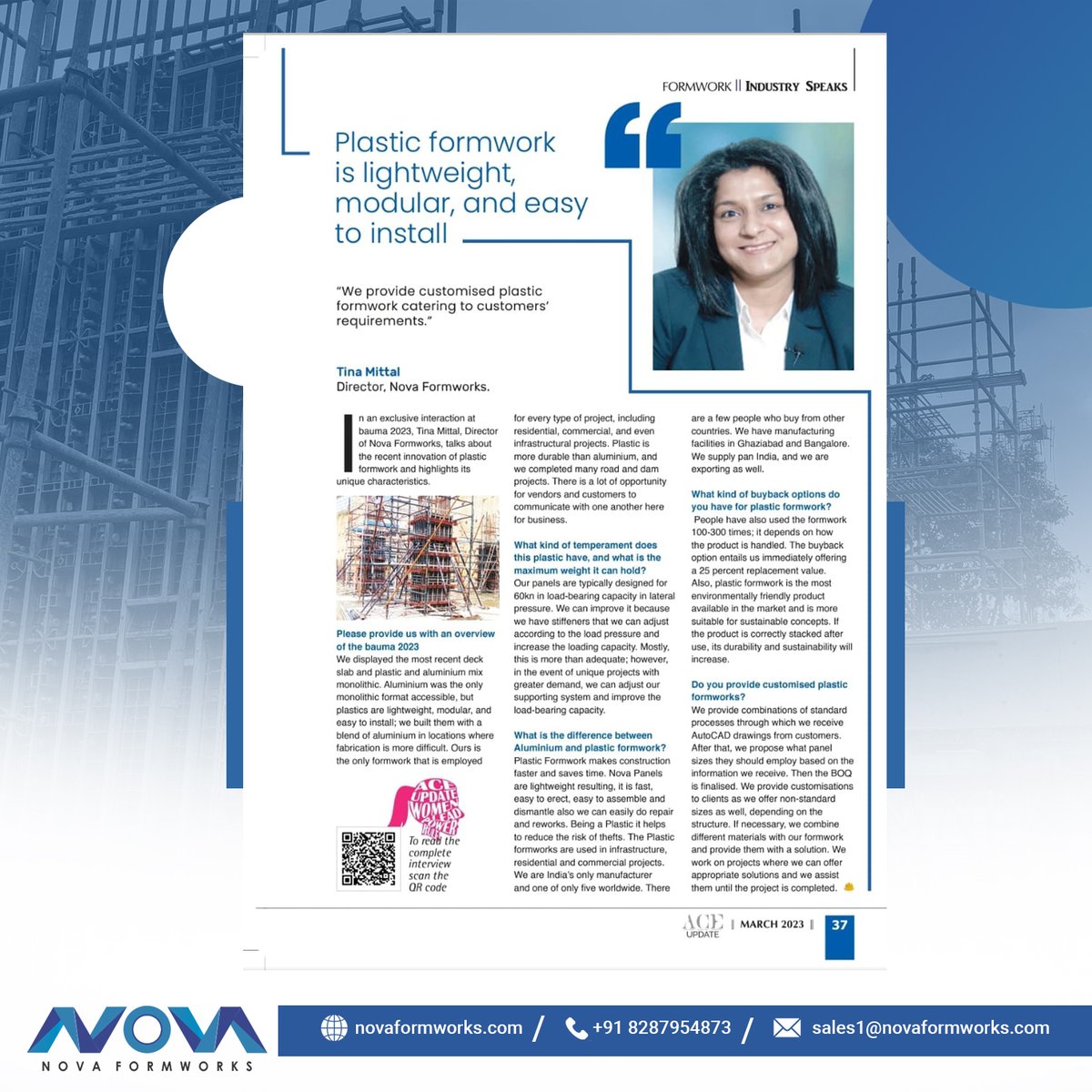 NovaFormworks's tweet image. We are proud to announce that our Director Tina Mittal has been recognized by ACE Update for her outstanding contributions. Congratulations on this remarkable accomplishment!
.
#aceupdate #recognition #aceupdatemagazine #plasticformworks #novaformworks