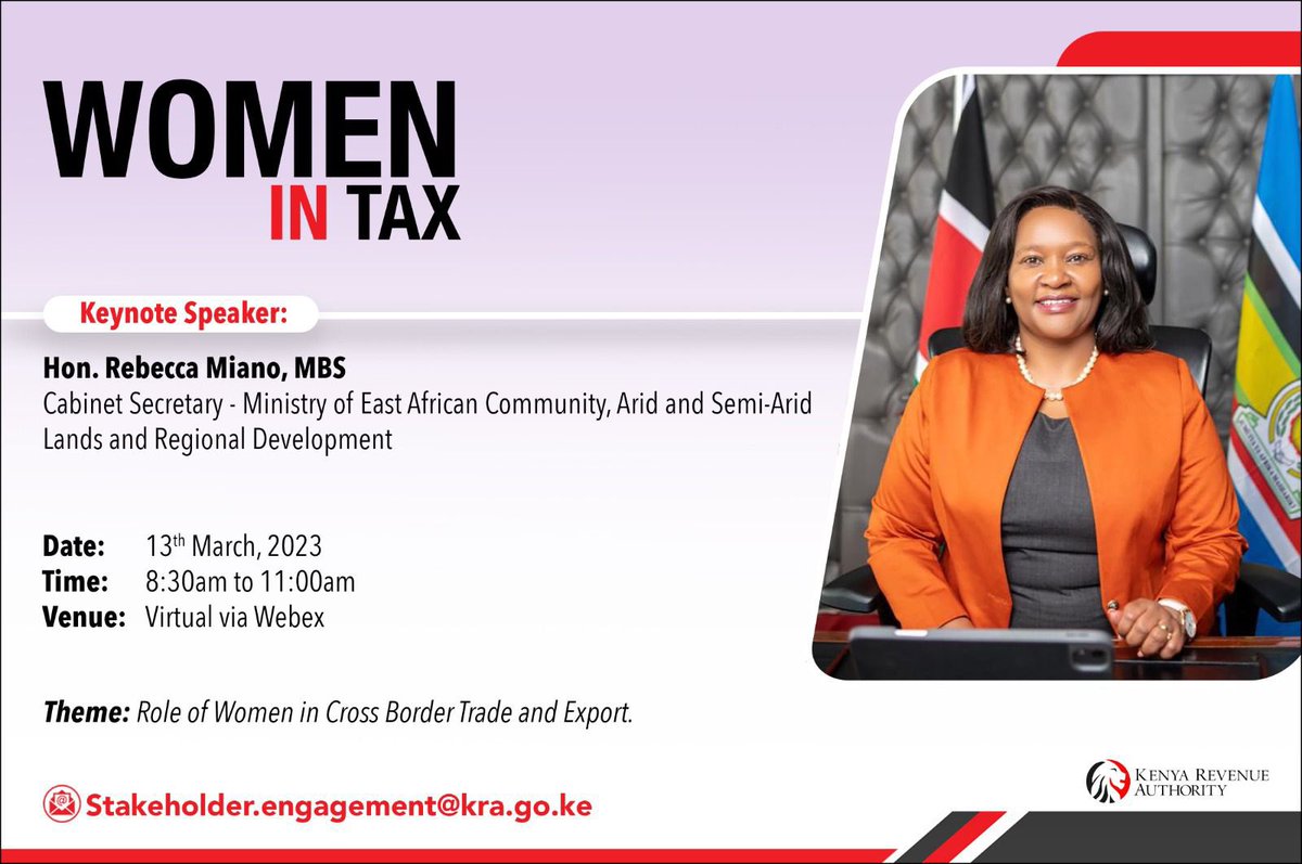 rebecca_miano's tweet photo. Good morning! I am privileged to join phenomenal businesswomen as we discuss the role of women in cross border trade and export. 

🔗Do join us for this pertinent conversation https://t.co/YQi8Bbqhxn  

#KRAWomenInTaxationForum2023 https://t.co/ifji91qcpW
