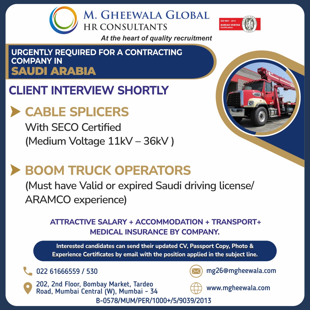 mgheewala_hrc's tweet photo. Job Vacancies for #SaudiArabia
Interested Candidates can send the updated resume to mg26@mgheewala.com
Learn More https://t.co/Ps4bxv2mB1
Telegram Channel for job updates : https://t.co/831AMM3MsU
#overseasrecruitment #resume #jobvacancies #cablesplicers #truckoperators https://t.co/Leix4Xp3vI