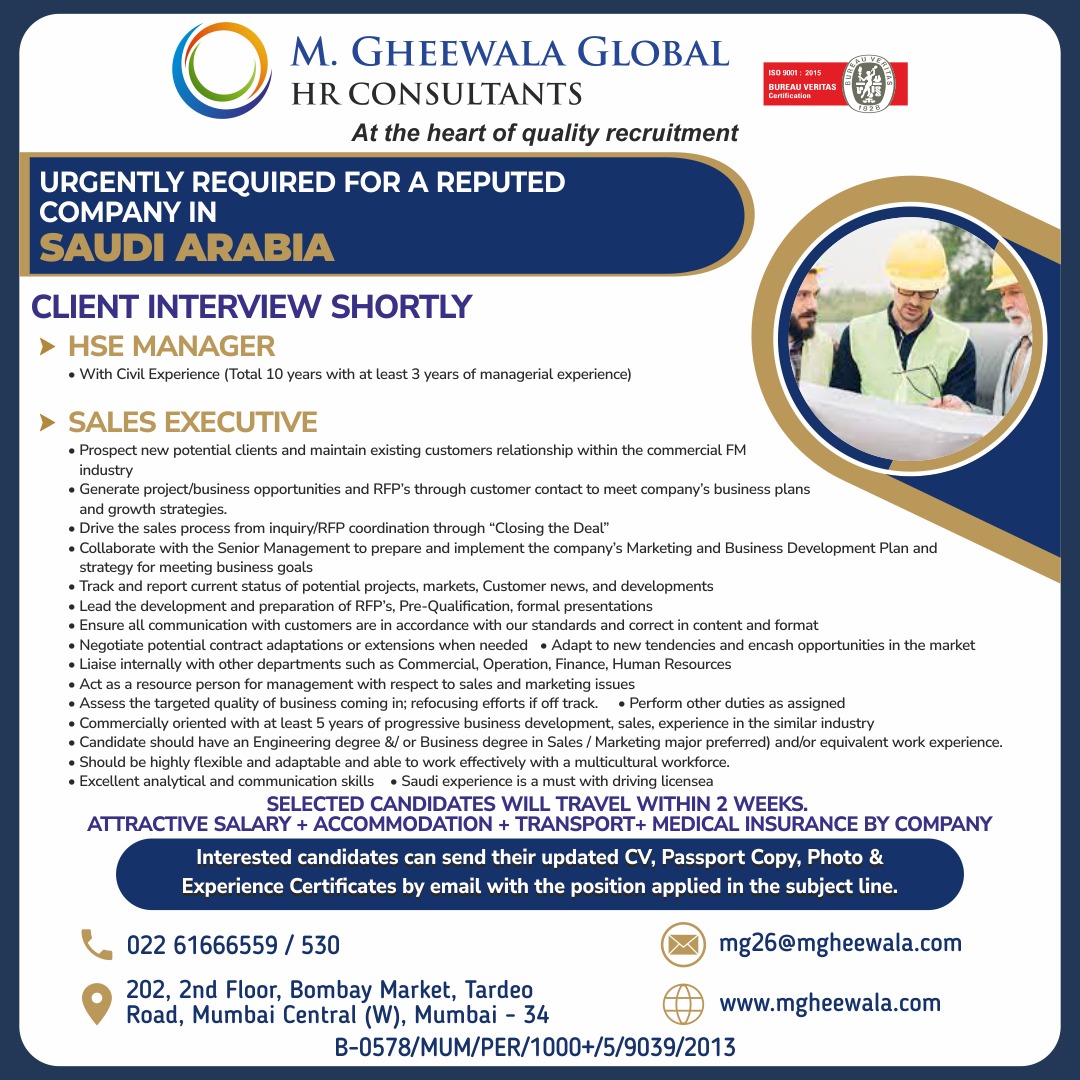 mgheewala_hrc's tweet photo. Job Vacancies for #SaudiArabia
Interested Candidates can send the updated resume to mg26@mgheewala.com
Learn More https://t.co/Ps4bxv2mB1
Telegram Channel for job updates : https://t.co/831AMM3MsU
#overseasrecruitment #resume #jobvacancies #hsemanagers #sales #salesexecutive https://t.co/BzQBM7Vwia