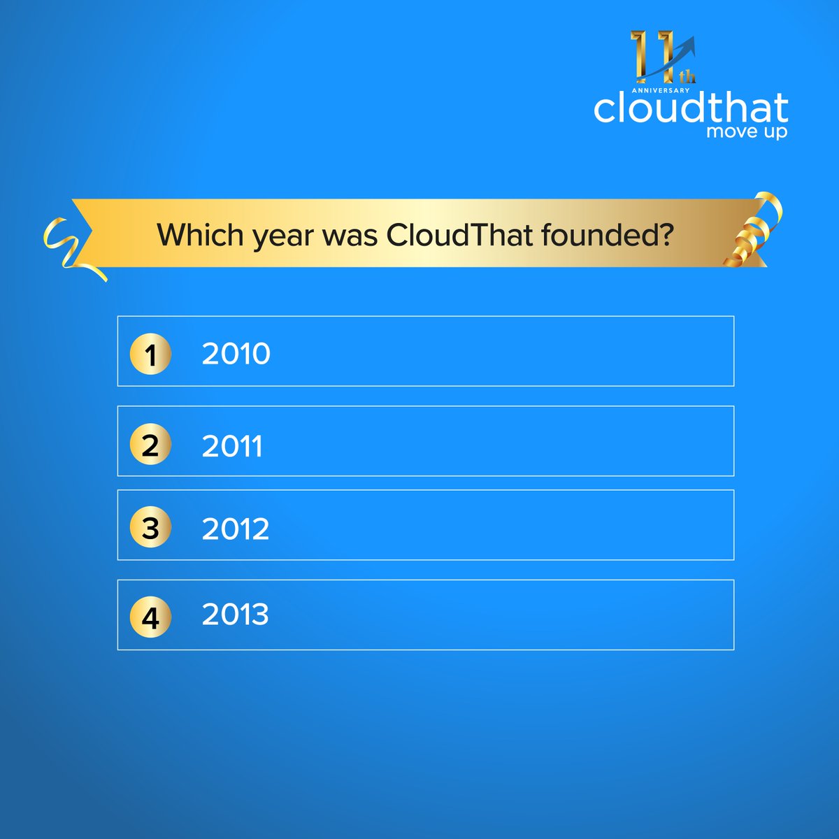 cloudthat's tweet image. Here is our first question, comment below with the right answer, and stay tuned for our next question!
#contest #india #cloudcertification #ContestAlert #takepart #contestgiveaway #contestalertindia #tunein #contesttime #giveawayalert #ParticipateNow #bigday #11thAnniversary
