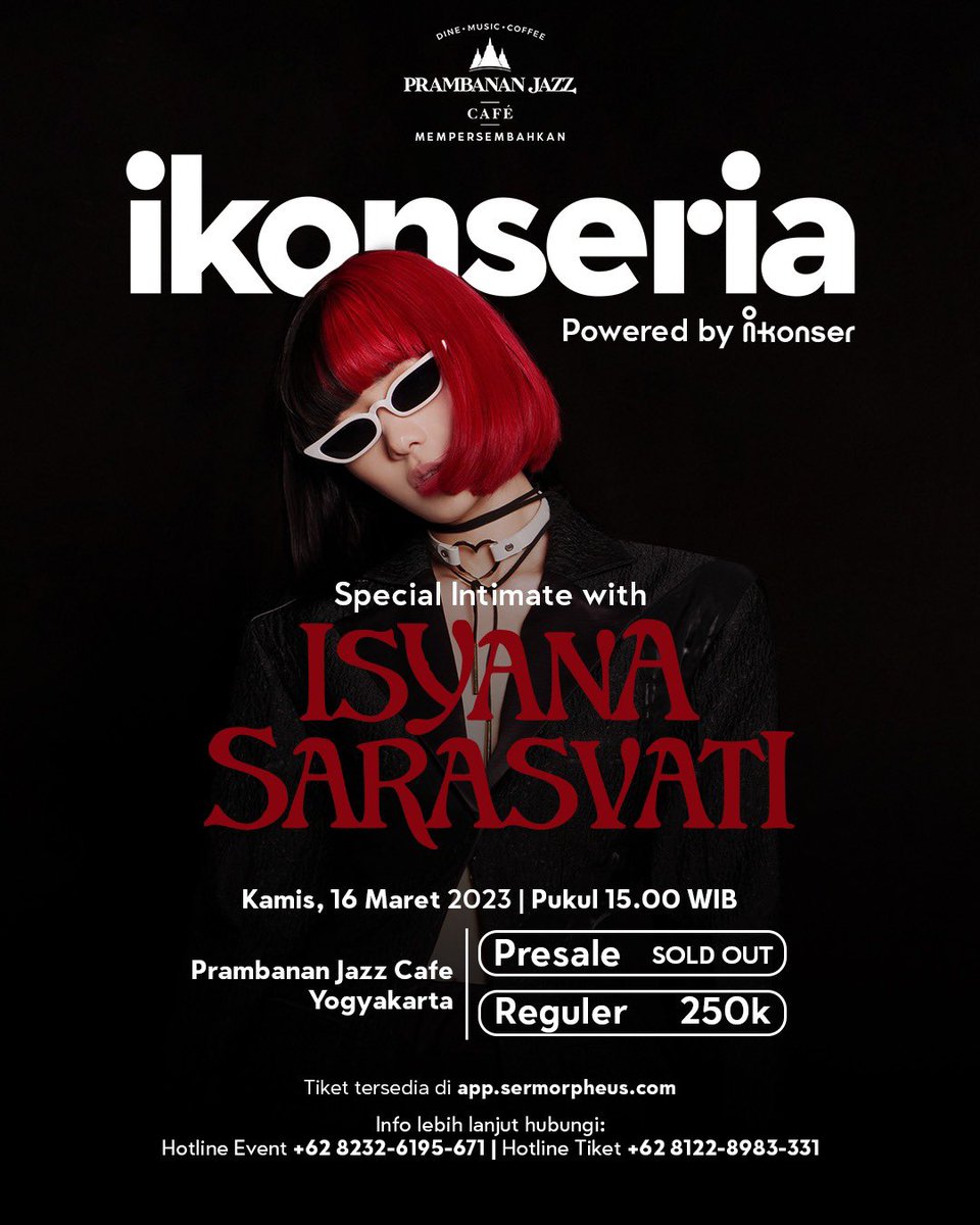 allyoucanart's tweet image. Prambanan Jazz Cafe mempersembahkan :

iKonseria Special Intimate with D'Masiv &amp;amp; Isyana Sarasvati

Powered by @ikonser_channel 

Rabu-Kamis, 15-16 Maret 2023 
pukul 15.00 WIB 
di Prambanan Jazz Cafe, Yogyakarta. 

Tiket tersedia di website app.sermorpheus.com

#allyoucanart