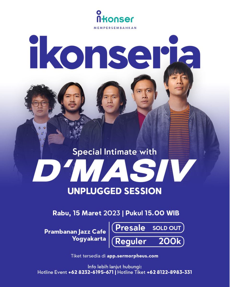allyoucanart's tweet image. Prambanan Jazz Cafe mempersembahkan :

iKonseria Special Intimate with D'Masiv &amp;amp; Isyana Sarasvati

Powered by @ikonser_channel 

Rabu-Kamis, 15-16 Maret 2023 
pukul 15.00 WIB 
di Prambanan Jazz Cafe, Yogyakarta. 

Tiket tersedia di website app.sermorpheus.com

#allyoucanart