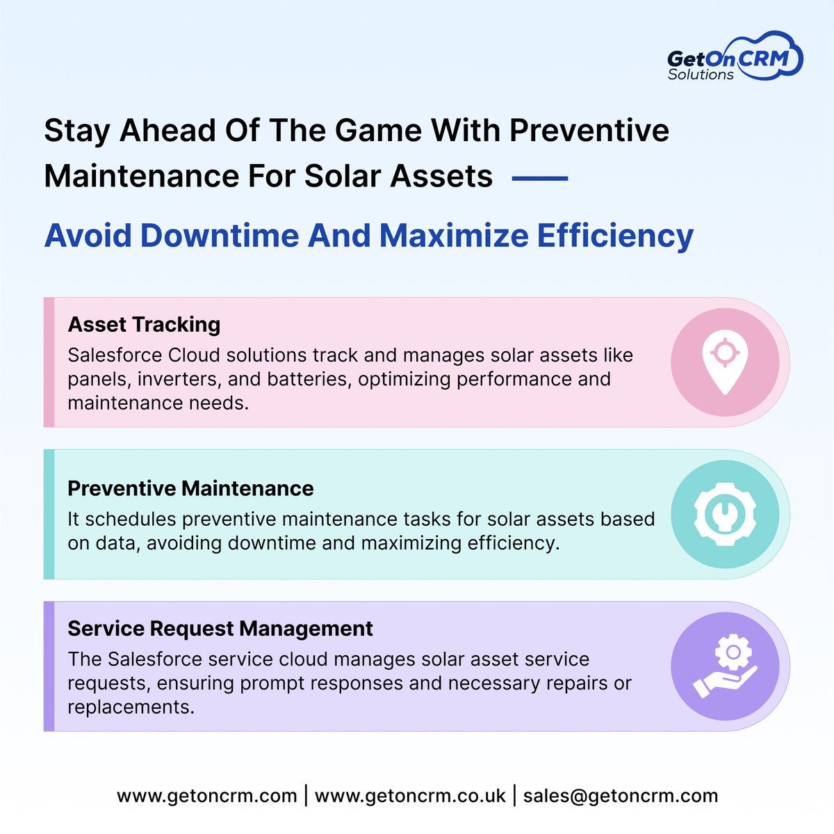 getoncrm's tweet photo. GetOnCRM optimizes your solar asset management with Salesforce integration for data-driven decisions and maximum profitability.

https://t.co/BgrvSfpX1W

#salesforce #crm #salesforceintgeration #salesforcepartner #SolarAssets #solar #renewableenergy #technology #GetOnCRM https://t.co/hGLj5Y8t9N